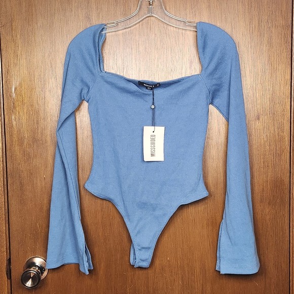 NWT Missguided Woman’s Rib Milkmaid Blue Bodysuit Size 4 - Picture 3 of 7